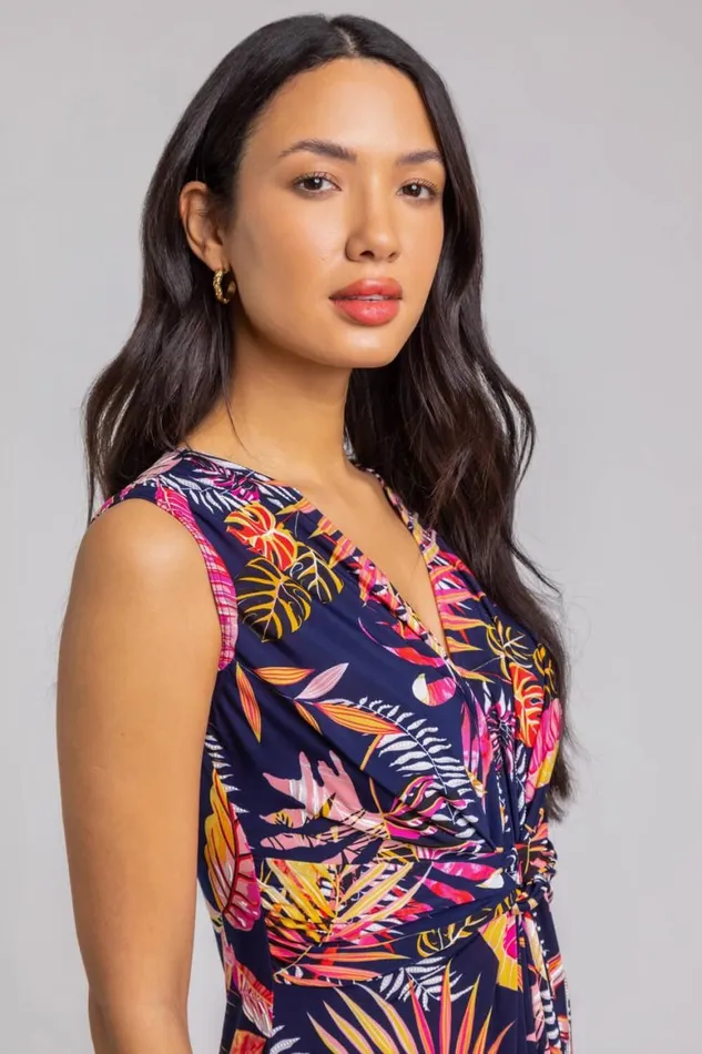 Women Navy Tropical Twist Stretch Ruched Maxi Dress Roman Dresses
