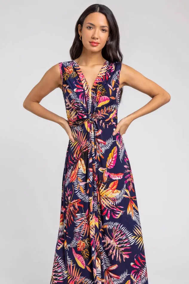 Women Navy Tropical Twist Stretch Ruched Maxi Dress Roman Dresses