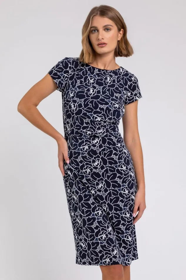 Women Navy White Floral Print Stretch Ruched Dress Roman Dresses