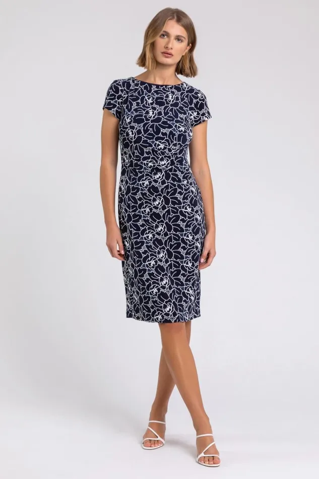 Women Navy White Floral Print Stretch Ruched Dress Roman Dresses