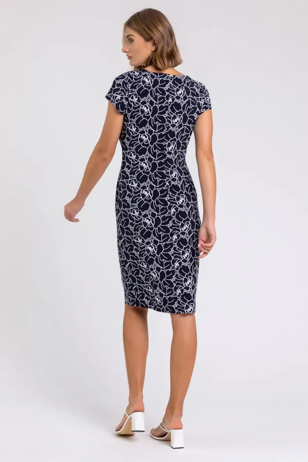 Women Navy White Floral Print Stretch Ruched Dress Roman Dresses
