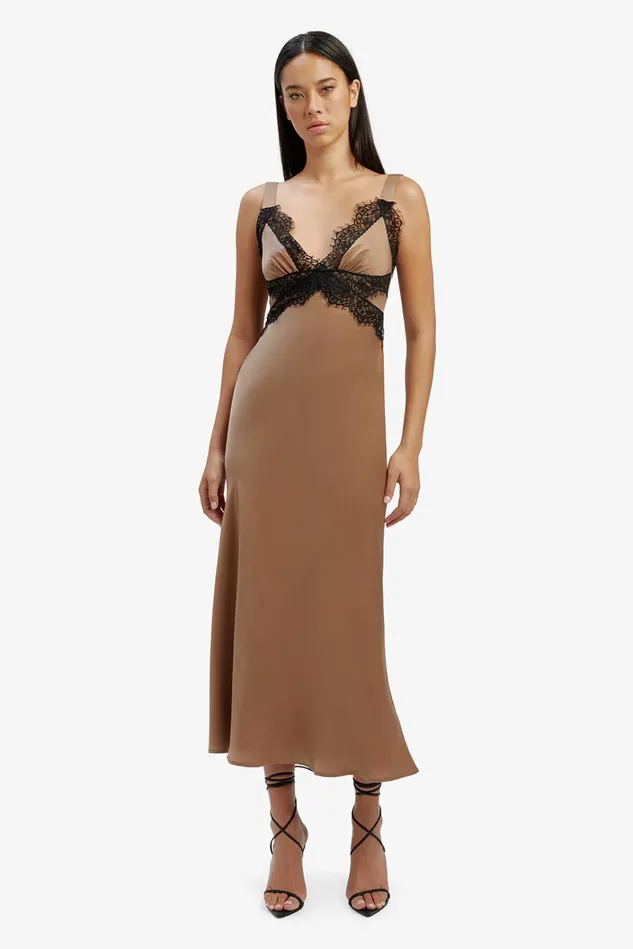 Women Occasion Dresses Bardot Delta Satin Midi Dress In Bronze Bronze