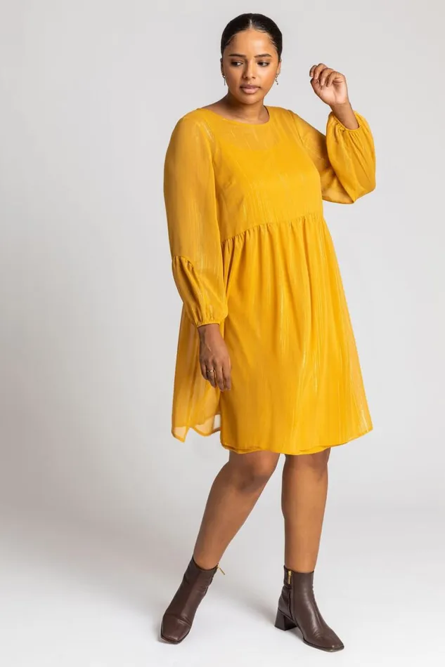 Women Ochre Curve Chiffon Shimmer Stripe Smock Dress Roman Dresses