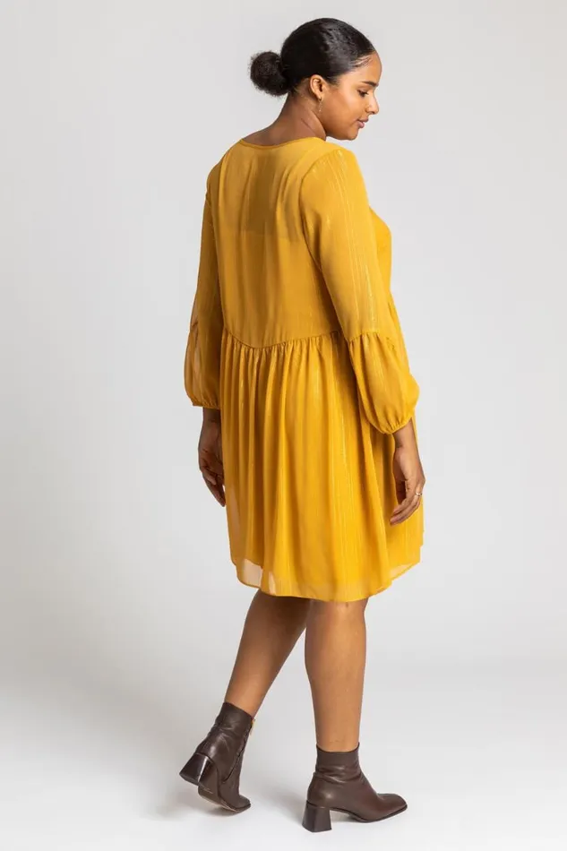 Women Ochre Curve Chiffon Shimmer Stripe Smock Dress Roman Dresses