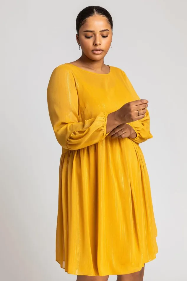 Women Ochre Curve Chiffon Shimmer Stripe Smock Dress Roman Dresses