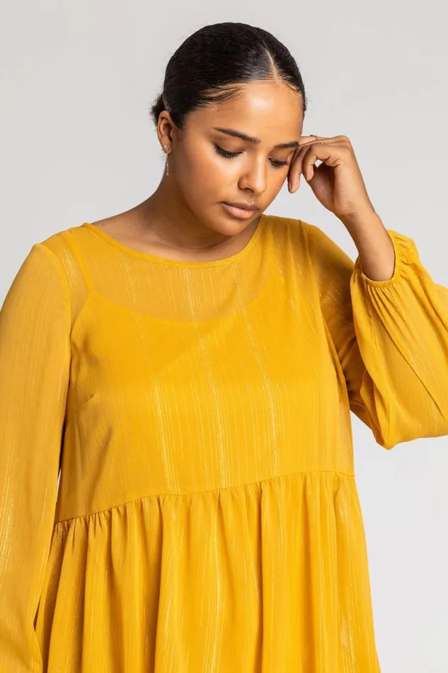Women Ochre Curve Chiffon Shimmer Stripe Smock Dress Roman Dresses
