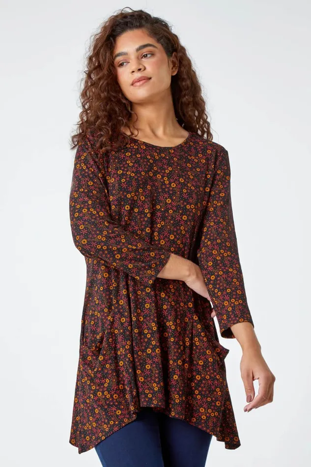 Women Ochre Ditsy Print Swing Stretch Top Roman Tops