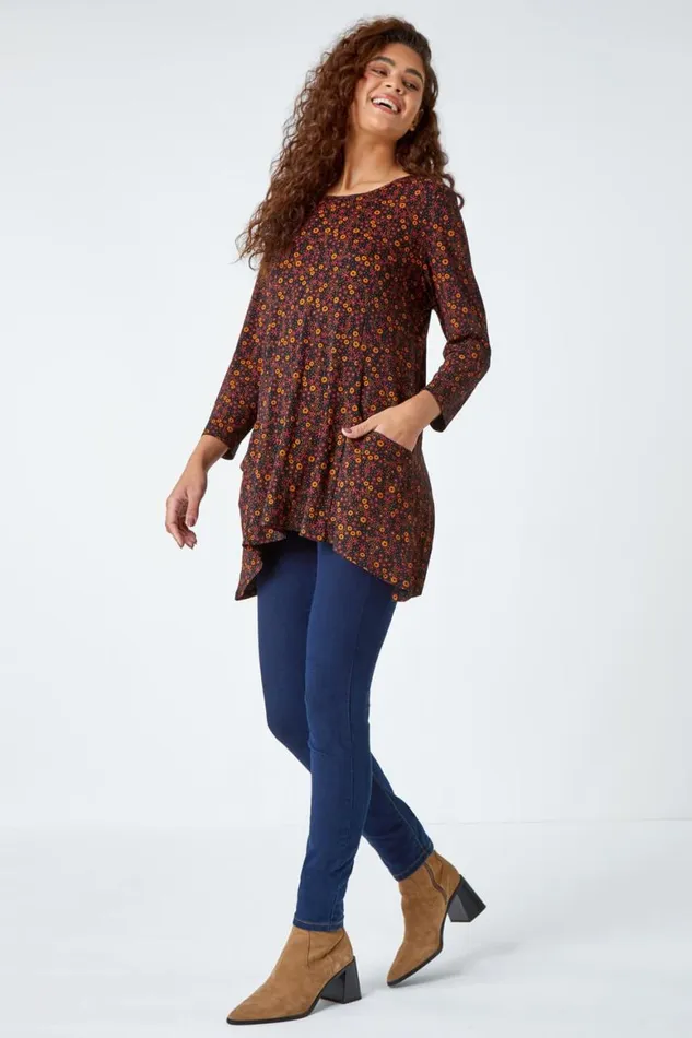 Women Ochre Ditsy Print Swing Stretch Top Roman Tops