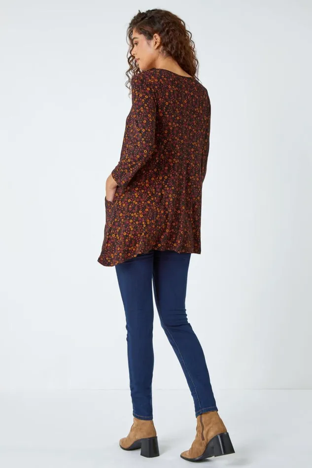 Women Ochre Ditsy Print Swing Stretch Top Roman Tops