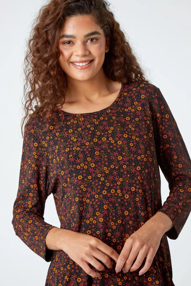 Women Ochre Ditsy Print Swing Stretch Top Roman Tops