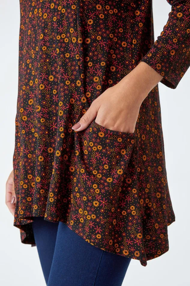 Women Ochre Ditsy Print Swing Stretch Top Roman Tops