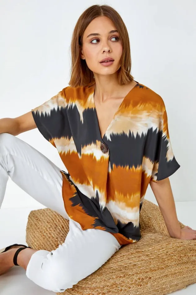 Women Ochre Tie Dye Button Detail Top Roman Tops