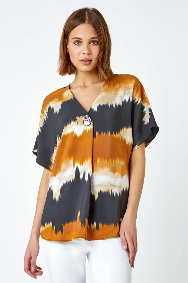 Women Ochre Tie Dye Button Detail Top Roman Tops