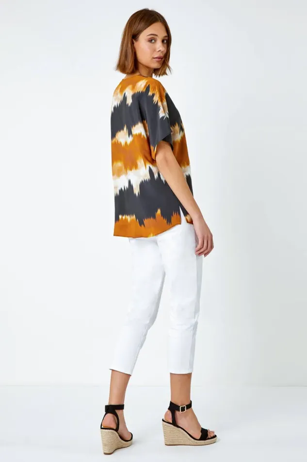 Women Ochre Tie Dye Button Detail Top Roman Tops