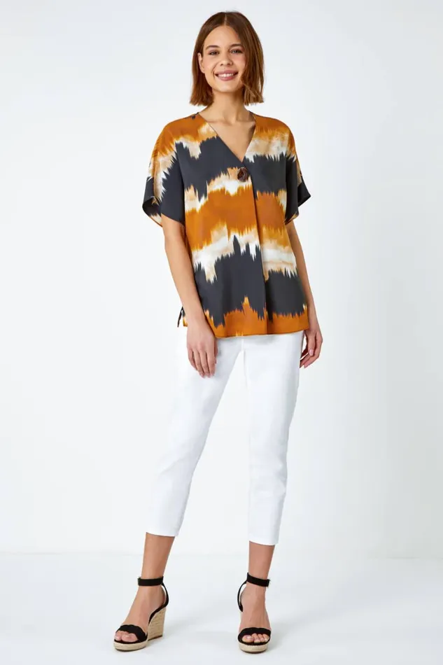 Women Ochre Tie Dye Button Detail Top Roman Tops