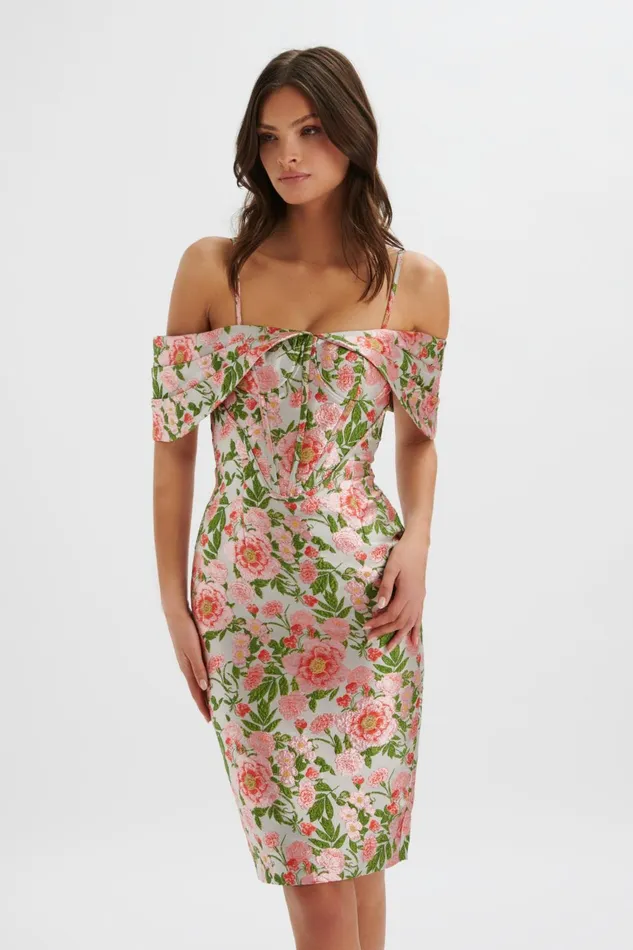 Women Off The Shoulder and Bardot Lavish Alice ANNALISE Bardot Sleeve Corset Midi Dress In Jacquard Jacquard Women Off The Shoulder and Bardot Lavish Alice ANNALISE Bardot Sleeve Corset Midi Dress In Jacquard Jacquard