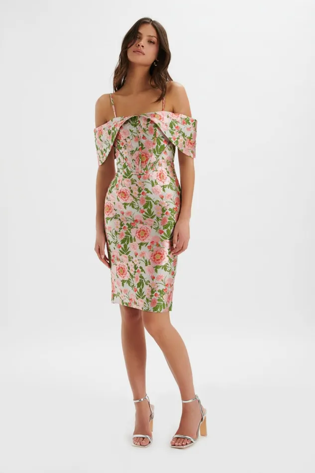 Women Off The Shoulder and Bardot Lavish Alice ANNALISE Bardot Sleeve Corset Midi Dress In Jacquard Jacquard