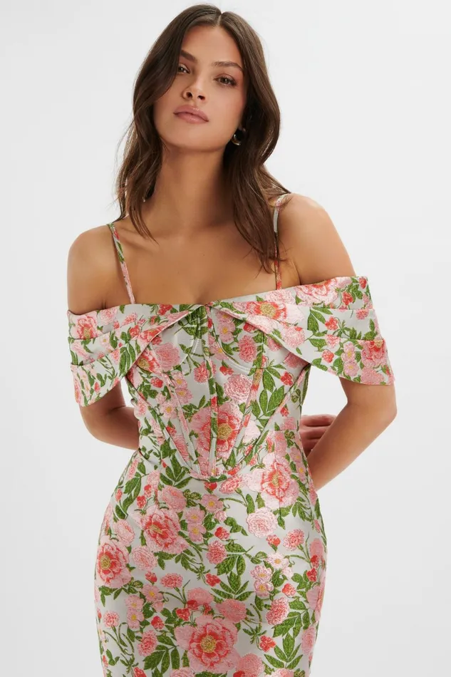 Women Off The Shoulder and Bardot Lavish Alice ANNALISE Bardot Sleeve Corset Midi Dress In Jacquard Jacquard
