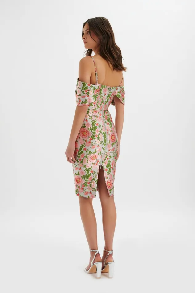 Women Off The Shoulder and Bardot Lavish Alice ANNALISE Bardot Sleeve Corset Midi Dress In Jacquard Jacquard
