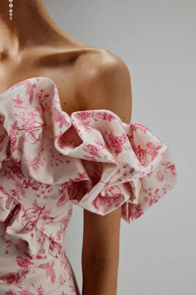 Women Off The Shoulder and Bardot Lavish Alice CARRIE Bonded Satin Bardot Mini Dress In Pink Porcelain Print Pink Porcelain Print