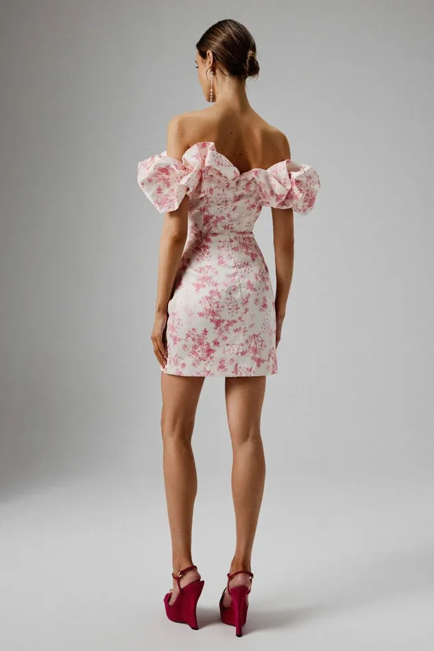 Women Off The Shoulder and Bardot Lavish Alice CARRIE Bonded Satin Bardot Mini Dress In Pink Porcelain Print Pink Porcelain Print
