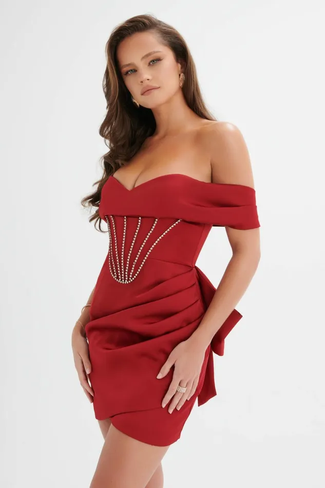 Women Off The Shoulder and Bardot Lavish Alice GEORGIE Satin Off Shoulder Lace Up Mini Dress In Burgundy Burgundy