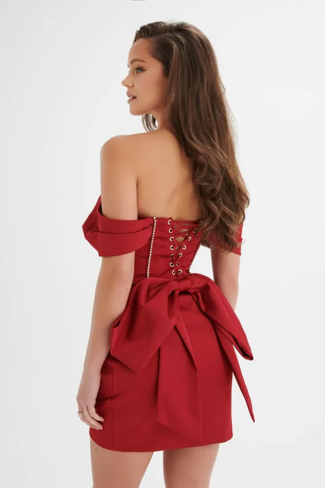 Women Off The Shoulder and Bardot Lavish Alice GEORGIE Satin Off Shoulder Lace Up Mini Dress In Burgundy Burgundy