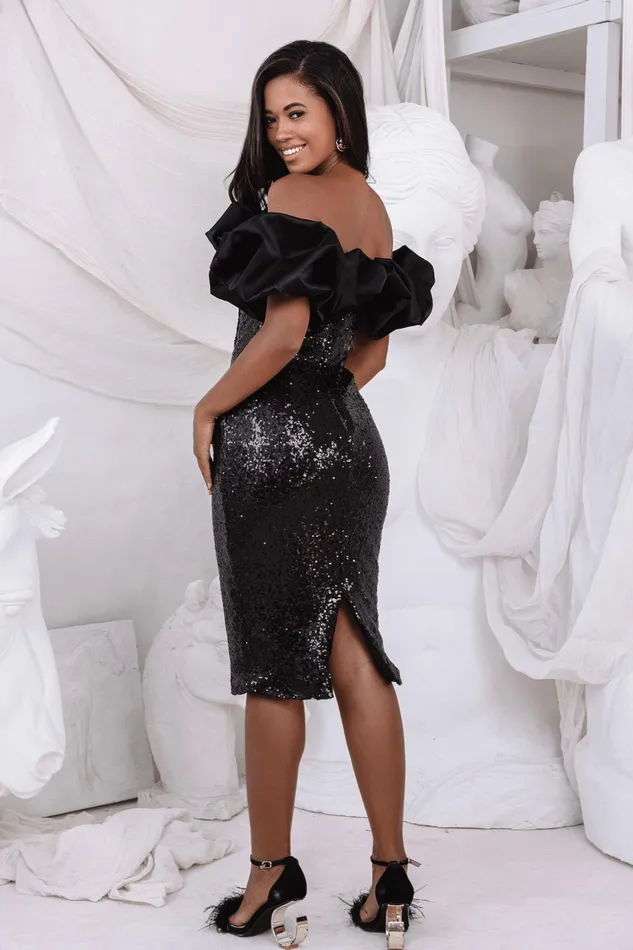 Women Off The Shoulder and Bardot Lavish Alice HERA Satin Puff Bardot Sequin Midi Dress In Black Mid Black