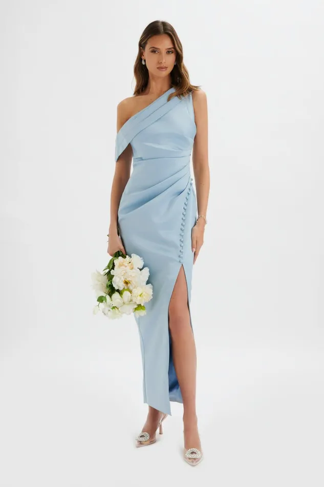 Women Off The Shoulder and Bardot Lavish Alice JOANNA Bonded Satin Pleated Maxi Dress In Dusty Blue Dusty Blue