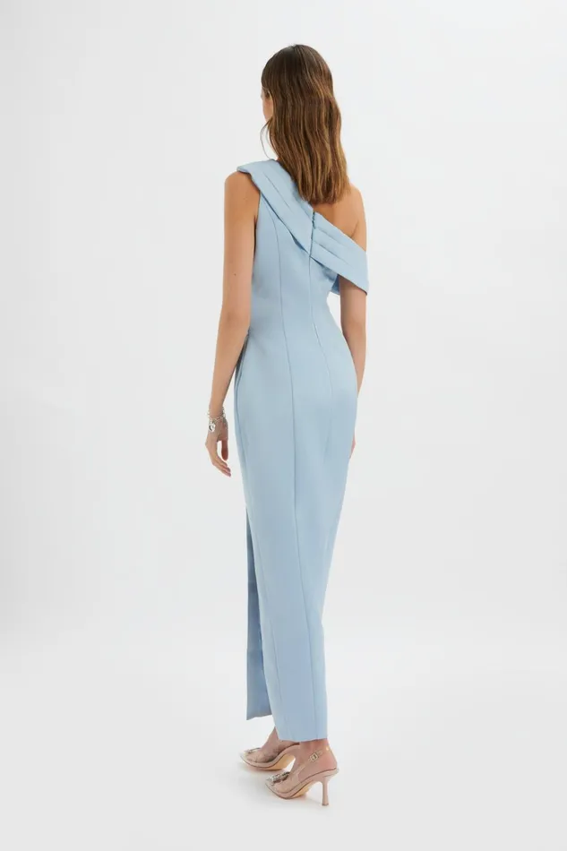 Women Off The Shoulder and Bardot Lavish Alice JOANNA Bonded Satin Pleated Maxi Dress In Dusty Blue Dusty Blue