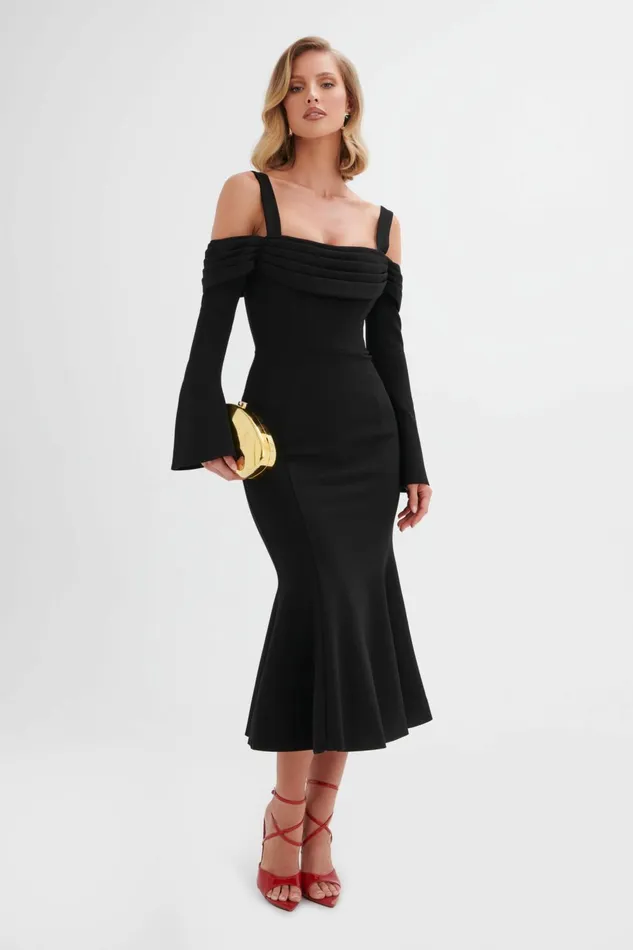 Women Off The Shoulder and Bardot Lavish Alice SIA Ponte Pleated Cowl Longline Midi Dress In Black Black Women Off The Shoulder and Bardot Lavish Alice SIA Ponte Pleated Cowl Longline Midi Dress In Black Black