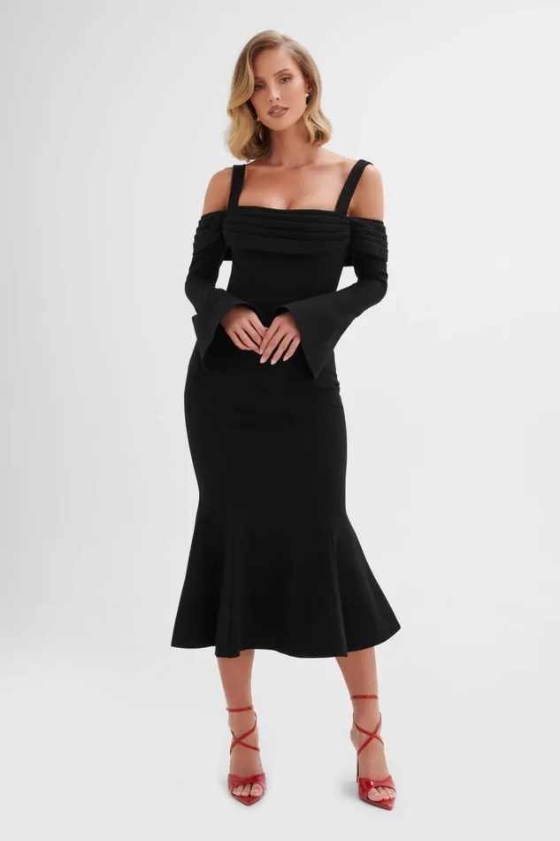 Women Off The Shoulder and Bardot Lavish Alice SIA Ponte Pleated Cowl Longline Midi Dress In Black Black