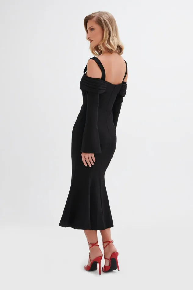 Women Off The Shoulder and Bardot Lavish Alice SIA Ponte Pleated Cowl Longline Midi Dress In Black Black