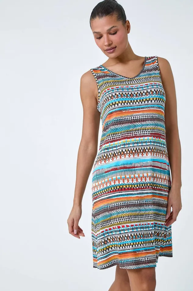Women Orange Aztec Stripe Stretch Pocket Swing Dress Roman Dresses