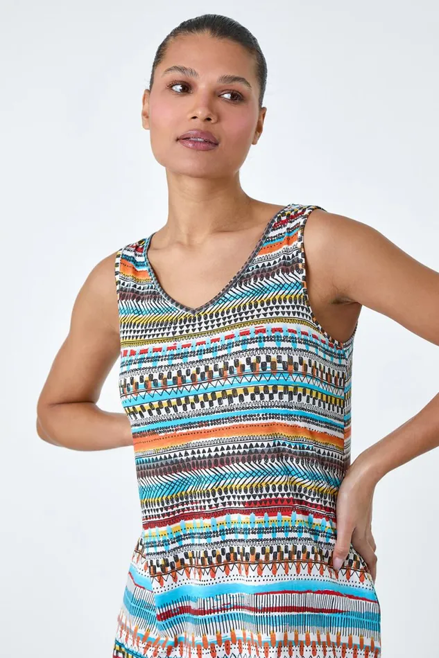 Women Orange Aztec Stripe Stretch Pocket Swing Dress Roman Dresses