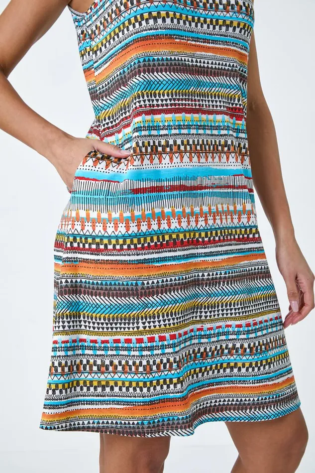 Women Orange Aztec Stripe Stretch Pocket Swing Dress Roman Dresses