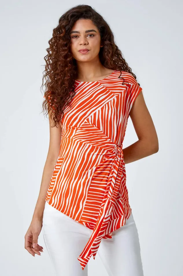 Women Orange Contrast Stripe Asymmetric Stretch Tie Top Roman Tops