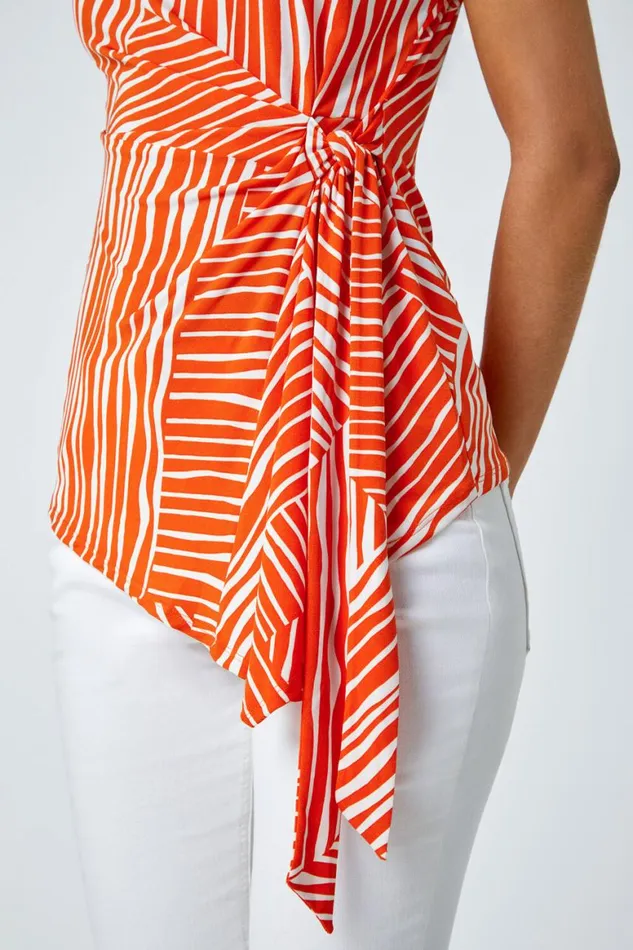 Women Orange Contrast Stripe Asymmetric Stretch Tie Top Roman Tops