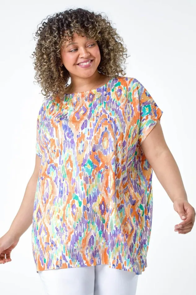 Women Orange Curve Aztec Foil Print Top Roman Tops