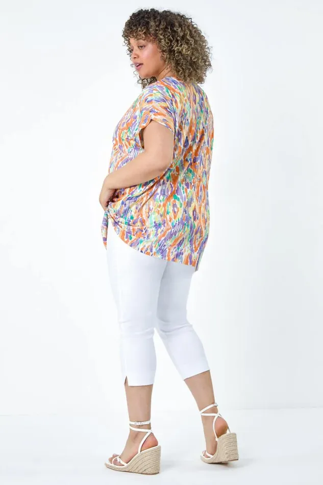 Women Orange Curve Aztec Foil Print Top Roman Tops