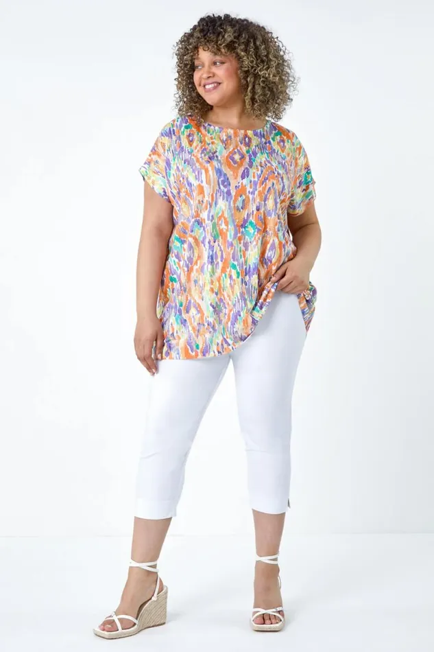 Women Orange Curve Aztec Foil Print Top Roman Tops