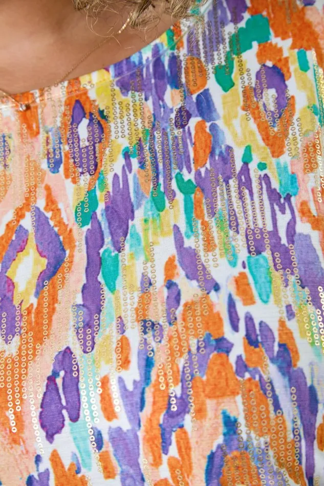 Women Orange Curve Aztec Foil Print Top Roman Tops