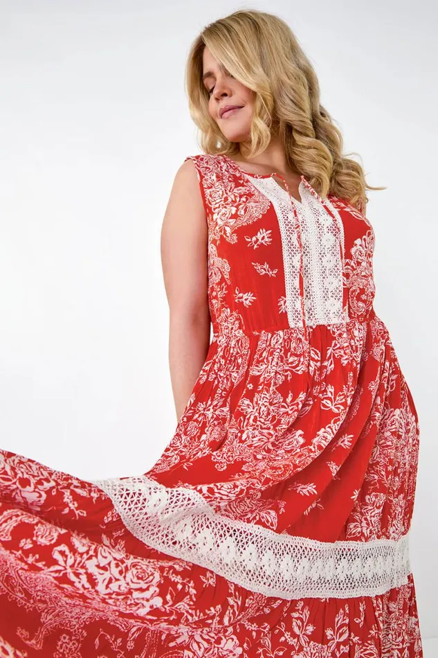 Women Orange Curve Broderie Boho Printed Maxi Dress Roman Dresses