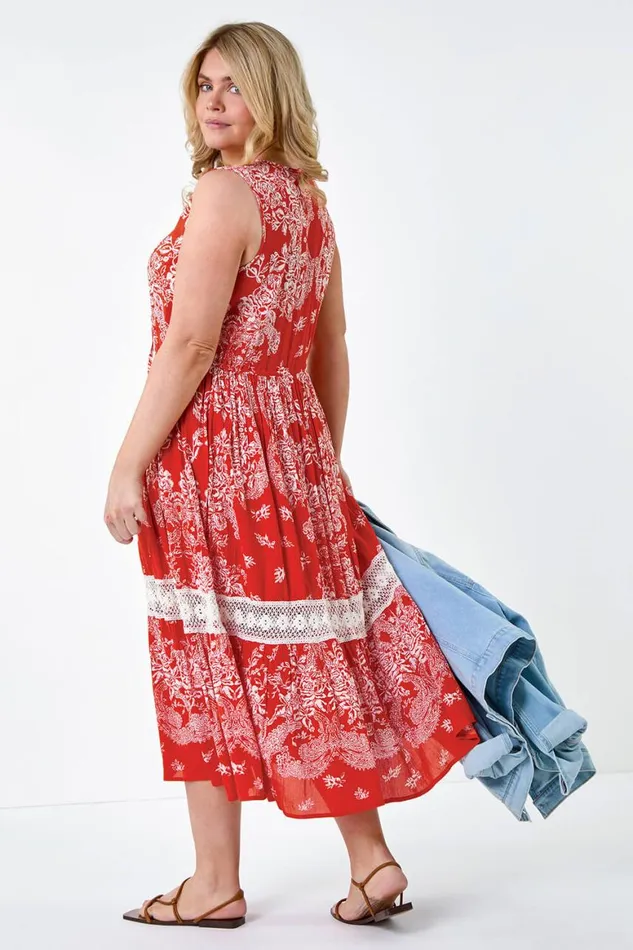 Women Orange Curve Broderie Boho Printed Maxi Dress Roman Dresses