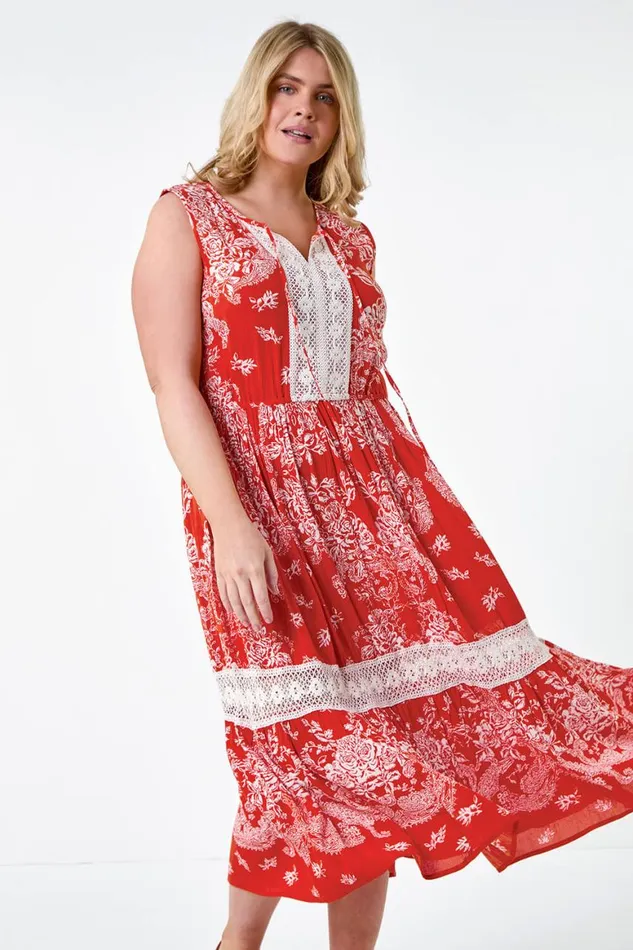 Women Orange Curve Broderie Boho Printed Maxi Dress Roman Dresses
