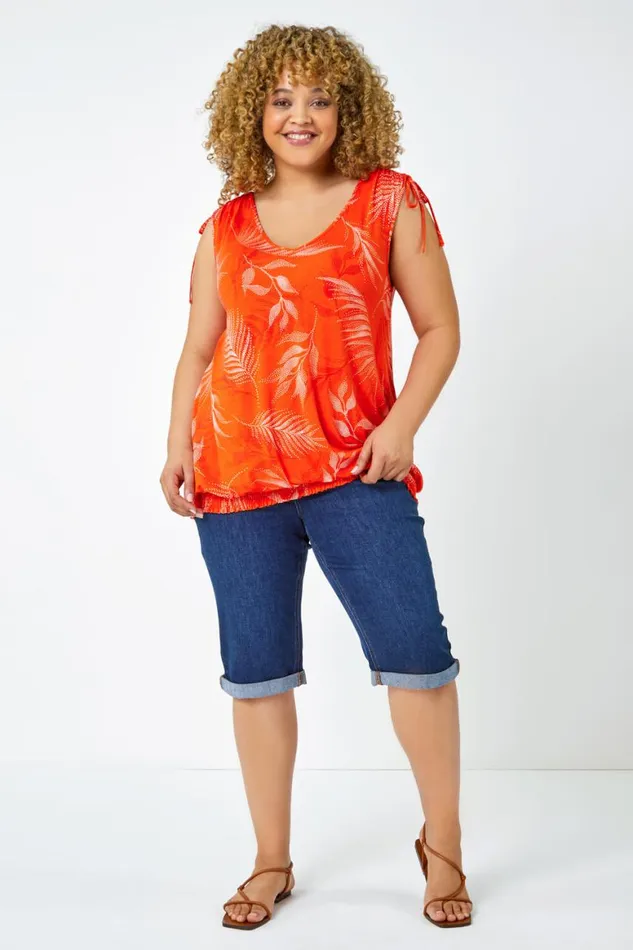 Women Orange Curve Leaf Print VNeck Blouson Top Roman Tops