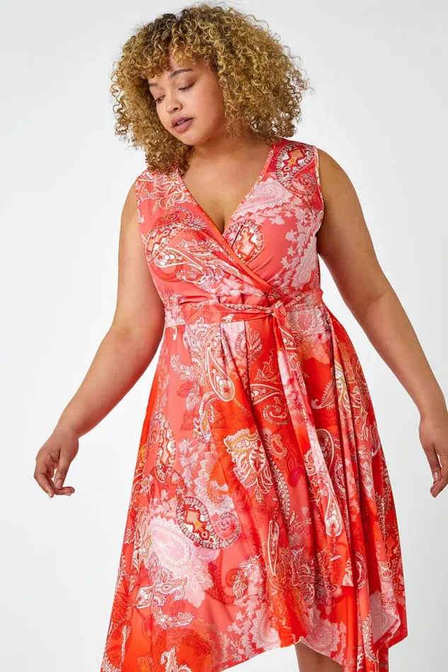 Women Orange Curve Paisley Hanky Hem Stretch Dress Roman Dresses