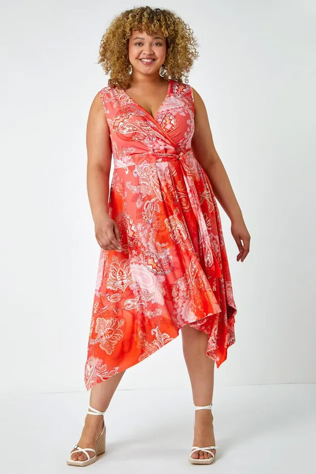 Women Orange Curve Paisley Hanky Hem Stretch Dress Roman Dresses