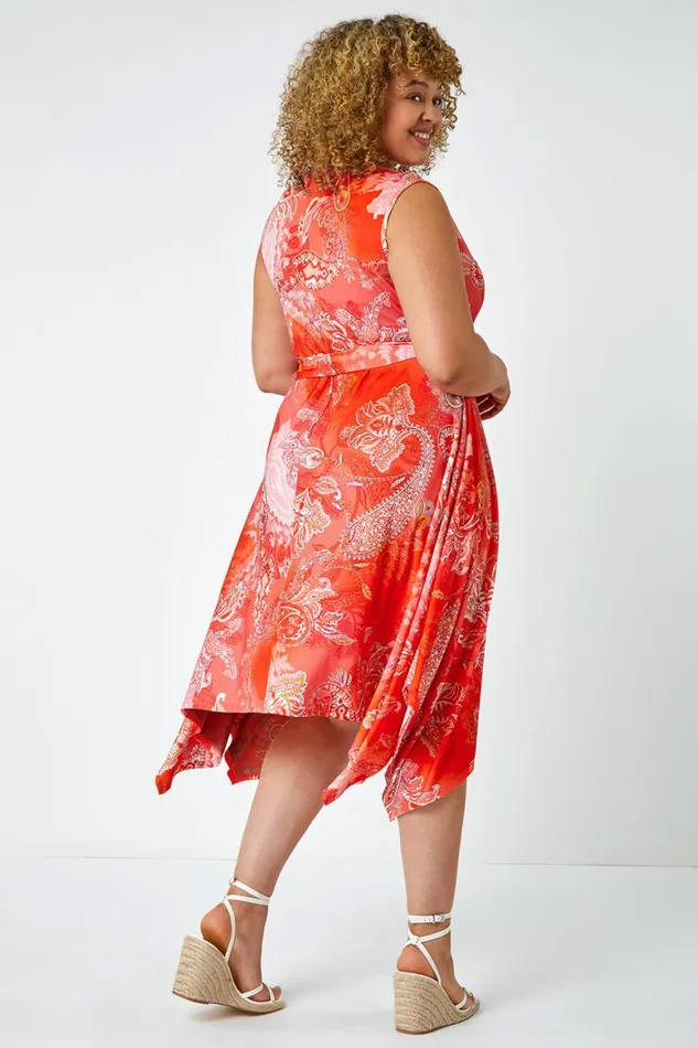 Women Orange Curve Paisley Hanky Hem Stretch Dress Roman Dresses