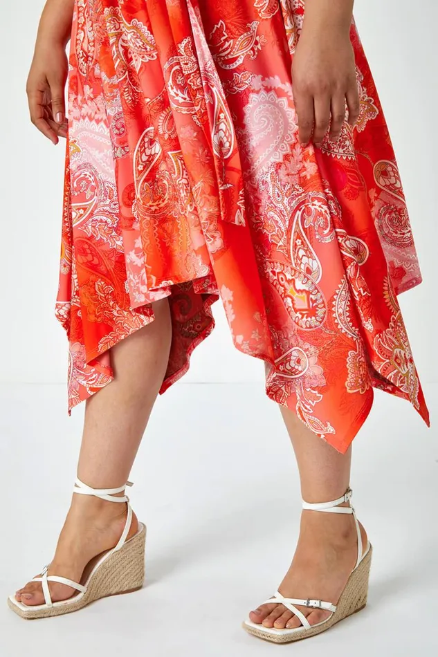 Women Orange Curve Paisley Hanky Hem Stretch Dress Roman Dresses